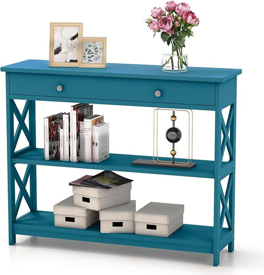 GOFLAME 39" Console Sofa Table with Drawers, 3-Tier Narrow Entry Table with Storage Shelves for Living Room Behind Couch, Entryway (Navy Blue)-NeatNest