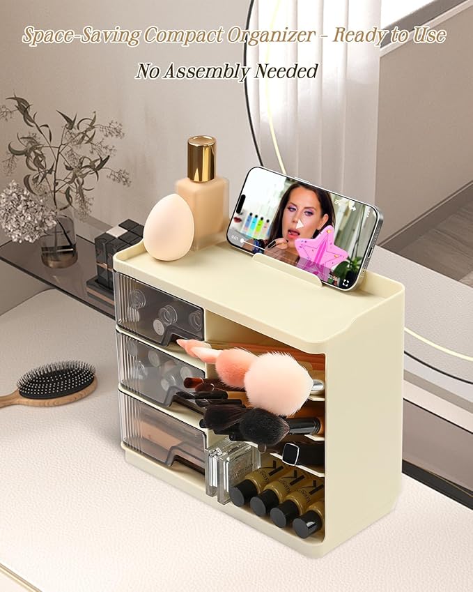 Makeup Organizer with Drawers&Phone Holder,Multi-Function Cosmetic Storage Organizer,Stackable Makeup Organizer Countertop for Makeup Brushes,Lipstick,Skincare and Bathroom Vanity Organization (Beige)-NeatNest