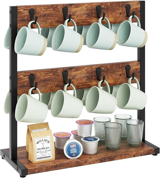 IBUYKE Wood Coffee Mug Holder for Countertop,16 Hook Mug Tree Holder Rack with Storage Base,Mug Display Organizer,Mug Holders for Home Kitchen, Rustic Brown UTBJ001H-NeatNest