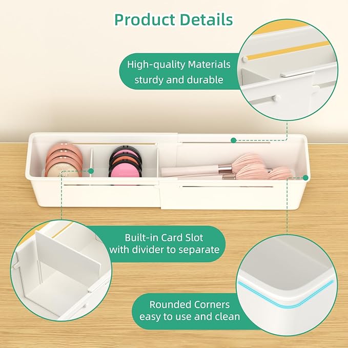 Desk Drawer Organizer Tray, 4 Pack Expandable Drawer Organizer with Dividers Adjustable, Bathroom Organizer Bins for Junk, Office, Makeup, Kitchen Utensil-NeatNest
