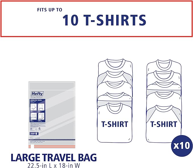 Hefty Shrink-Pak Large Travel Bags - Airtight Storage Bags for Maximum Space Saving, Travel Essentials, Ideal for Packing, Durable, Reliable Compression with Sealed Protection