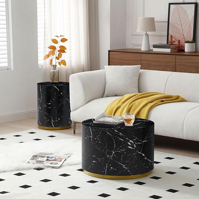 kevinplus Black Side Table End Table for Living Room, Faux Marble Grain, Black & Gold (ø15.7'' x 19.6'')