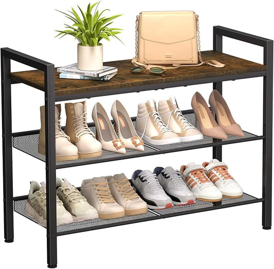 Shoe Rack for Front Door Entrance, 3 Tier Shoe Rack for Entryway, Shoe Shelf for Closet, Metal Shoe Rack Organizer with Sturdy Wooden Top & Steel Frame,(Black+Rustic Brown)-NeatNest