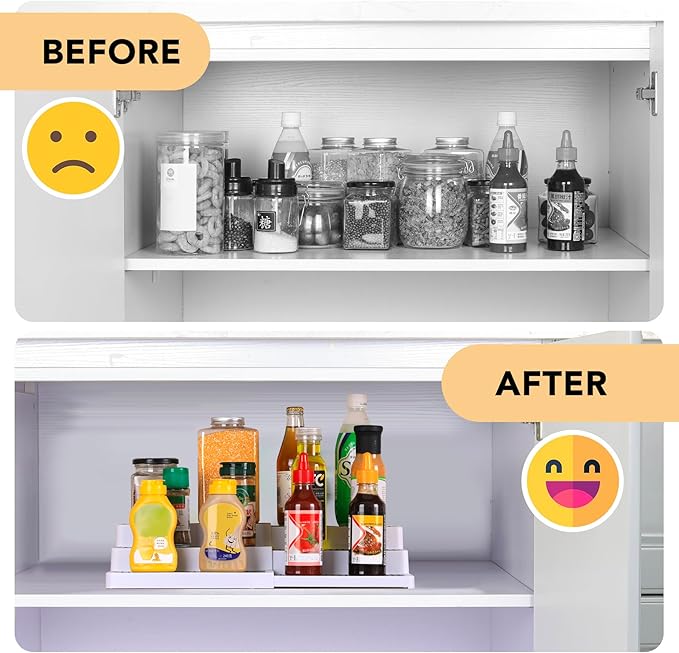 3-Tier Expandable Spice Rack, Plastic Spice Rack Organizer for Cabinet, Adjustable Length, Non-Skid Spice Shelf Organizer for Kitchen Cabinet, Countertop or Pantry, 2 Pack, White/Grey-NeatNest