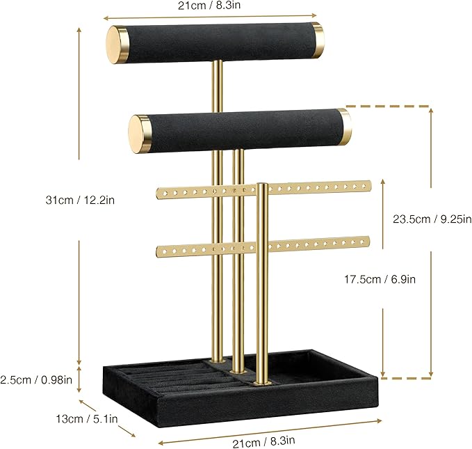 3 Tier Bracelet Holder Display - Detachable T Bar Black Velvet Bracelet Holder, Jewelry Holder Organizer for Bracelet, Necklace, Earrings, Rings