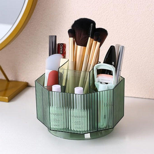 LINFIDITE 360°Rotating Makeup Organizer Holder Cosmetic Display Case Clear Makeup Brush Lip Gloss Organizer Case with 5 Slots Round Turntable Storage Tray for Vanity, Bathroom, Counter Organizer Green-NeatNest