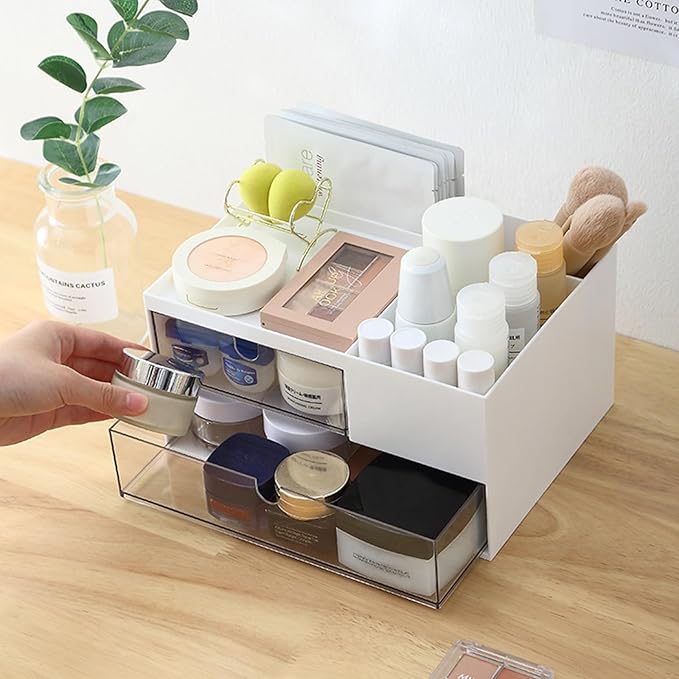 Makeup Organizer with 2 Drawers, Desk Organizer, 4 Compartments, Cosmetics Storage Box for nail polish,Lipstick, Brushes, Jewelry, Skincare, Bathroom Organization Boxes - White-NeatNest
