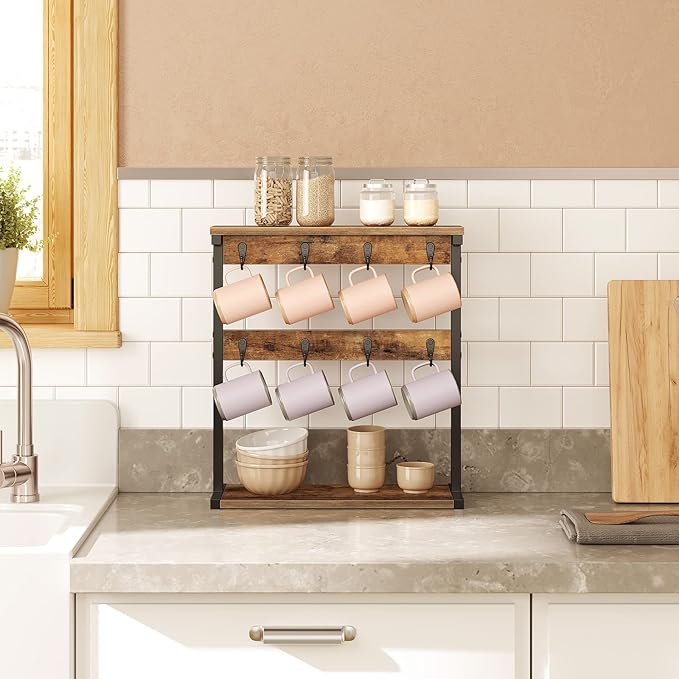 Coffee Mug Holder for Counter, 2 Tier Mug Tree Rack, with 8 Hook and 2 Open Shelves, Vintage Mug Holder Stand for Home Kitchen, Rustic Brown MH43BR-NeatNest