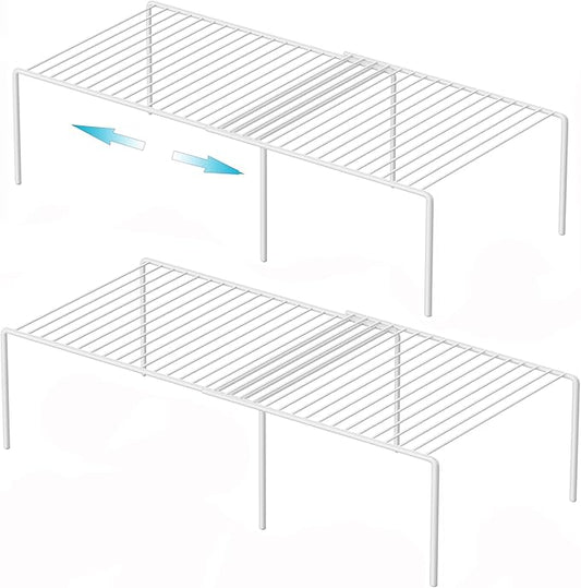 iPEGTOP Set of 2 Expandable Kitchen Cupboard Organiser, 4-Piece Adjustable Freezer Cabinet Storage Wire Shelf Rack Rustproof Metal Shelves Space Saver for Countertop Pantry Drawer Utensils (White)-NeatNest