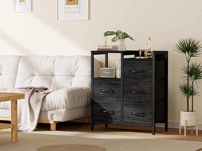 Furnulem 5 Drawer Black Dressers for Bedroom 2 Tier Shelf Storage Small Fabric Dresser for Closet Sturdy Metal Frame Modern Style Storage Cabinets Organization Units for Hallway Rooms-NeatNest