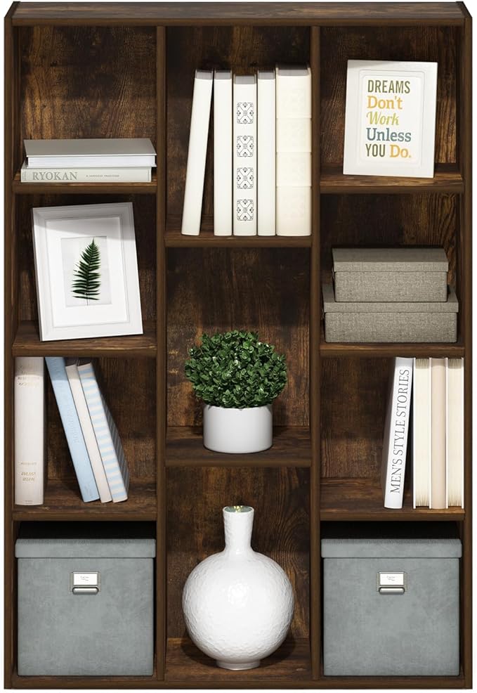 Furinno Luder 11-Cube Open Shelf Bookcase, Bookshelf, Amber Pine-NeatNest