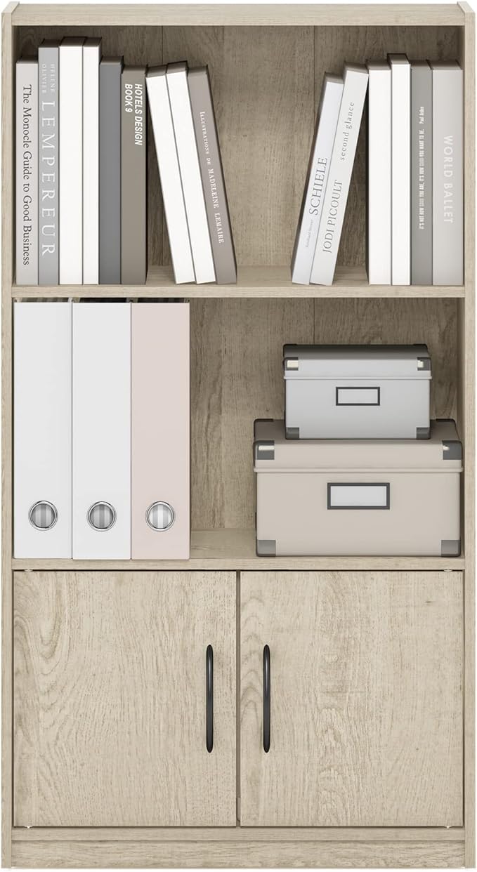 Furinno Gruen 3-Tier Open Shelf Bookcase with 2 Doors Storage Cabinet, Metropolitan Pine