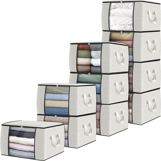 Fab totes 10 Pack Clothes Storage, Foldable Thick Fabric Blanket Storage Bags, Containers for Organizing Bedroom, Closet, Clothing, Comforter,Organization with Handle,Ivory White-NeatNest