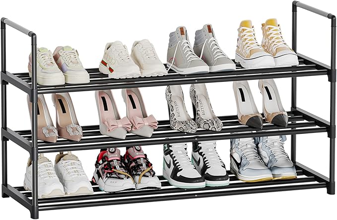 Metal Shoe Rack, 3-Tier Shoe Organizer with Adjustable Shelf Height, Sturdy Shoe Storage Shelf, Perfect for Front Door Entrance, Closet & Entryway, Easy to Assemble, DIY Layering Options (S - 3 Tier)-NeatNest