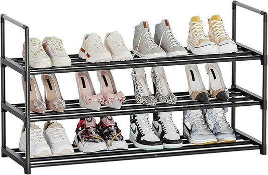 Metal Shoe Rack, 3-Tier Shoe Organizer with Adjustable Shelf Height, Sturdy Shoe Storage Shelf, Perfect for Front Door Entrance, Closet & Entryway, Easy to Assemble, DIY Layering Options (S - 3 Tier)-NeatNest
