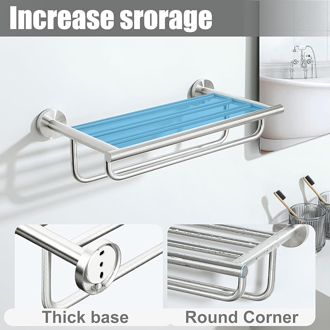 Alise Towel Hanger Towel Shelf with Double Towel Bars,SUS 304 Stainless Steel Wall Mount Towel Holder,Brushed Nickel,16 Inch