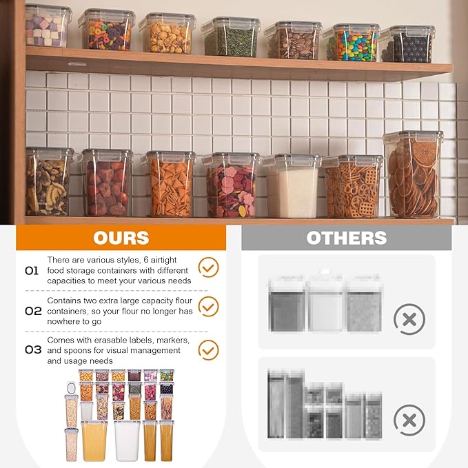 Romswi Airtight Food Storage Containers with Lids,24Pcs Pantry Organizers and Storage,BPA Free Cereal Containers Storage with 27 Labels and 4 Spoons,for Rice,Flour,Sugar and Noodles