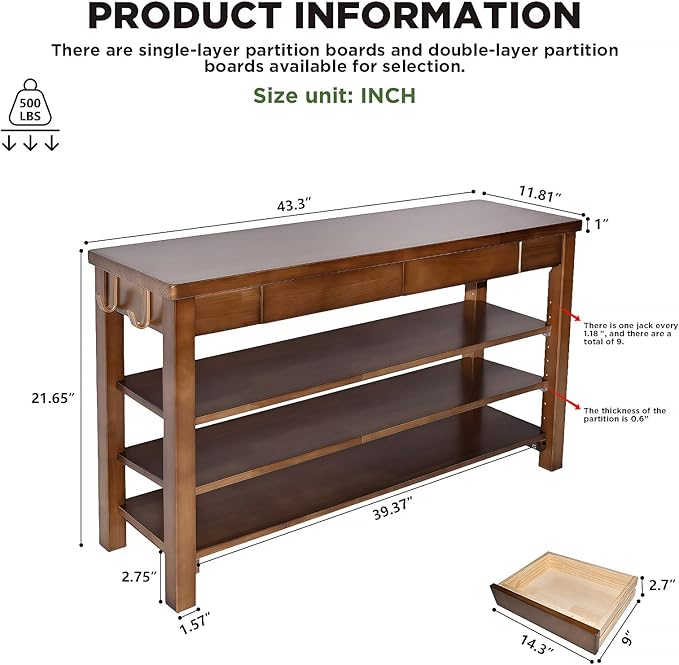 Wood Shoe Bench Entryway with Drawer: 3-Tiers Wooden Storage Shoe Rack with Bench Seat, Compact Mid-Century Modern Design for Entryway, Hallway,Closet,Front Door Entrance,Foyer Walnut 43.3"