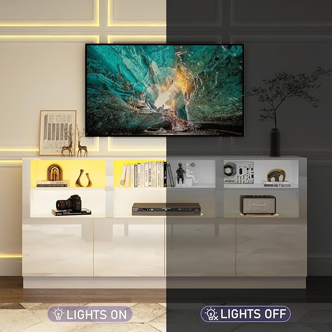32'' Tall White TV Stand for 65/75/80/85 Inch TVs with RGB LED Lights,Modern High Gloss Entertainment Center Cabinet Stands with Storage Shelves and Doors,TV Media Console Table for Living Room-NeatNest