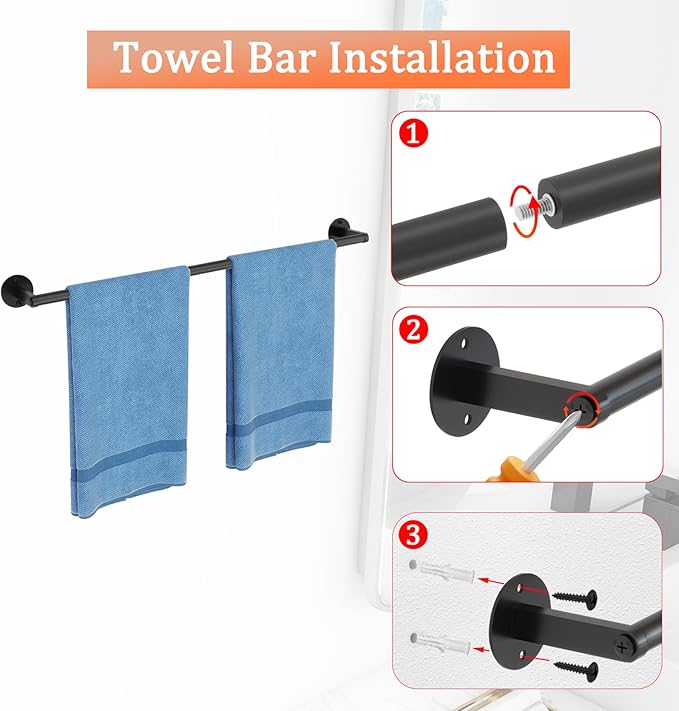 Matte Black Bathroom Hardware Set, VOTZAAQ 24-Inch Towel Bar, Towel Racks for Bathroom, Robe Towel Hanger Hooks, Toilet Paper Holder, Bathroom Accessories Set, 4-Pieces