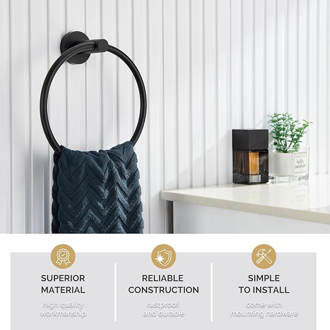 Towel Ring Matte Black, Angle Simple Stainless Steel Bathroom Hand Towel Rack, Wall Mounted Face Towel Holder