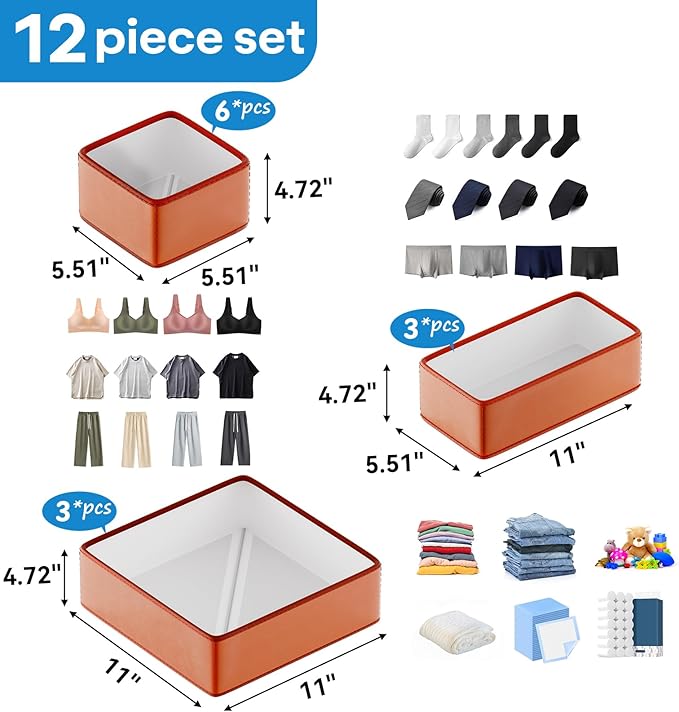 Vegan Leather Drawer Organizers,12 Pack Makeup Storage boxes,Vanity Drawer Luxury upgrade,Bedroom fabric Drawers replacement,bathroom organization and storage Optimal solution
