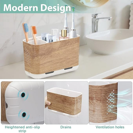 Boperzi Toothbrush and Toothpaste Holder Wood Grain for Bathroom Countertop with Adjustable Dividers, Toothpaste Caddy Organizer Storage Rustic Decor Set Freestanding Anti-Slip for Shower,Family,Kids-NeatNest