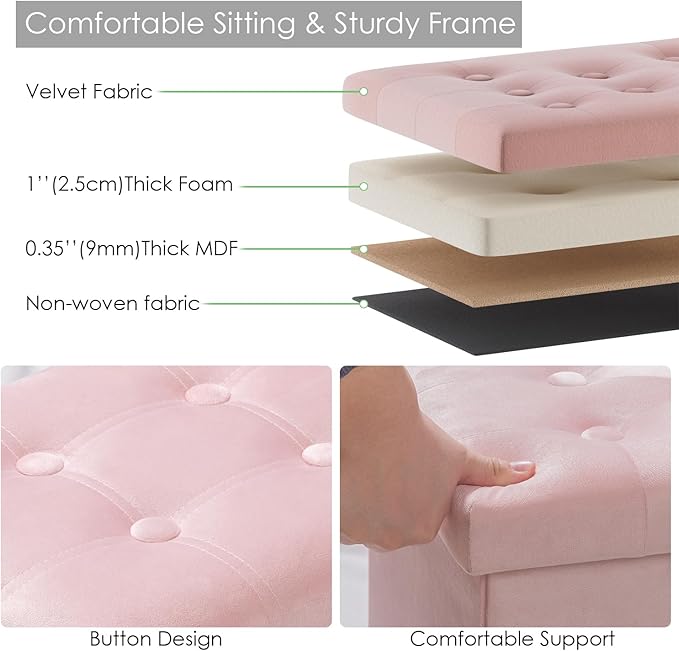 PRANDOM Ottoman with Storage [1-Pack] Velvet Folding Small Square Foot Stool with Lid for Living Room Bedroom Coffee Table Dorm Pink 17x13x13 inches-NeatNest