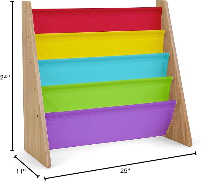 Humble Crew 4-Tier Kids Bookshelf, Natural Wood/Rainbow - Premium Book Shelf for Kids Rooms with Four Deep Pockets - Toddler Sling Book Rack with Deep Sleeves, Nursery Bookcase Organizer