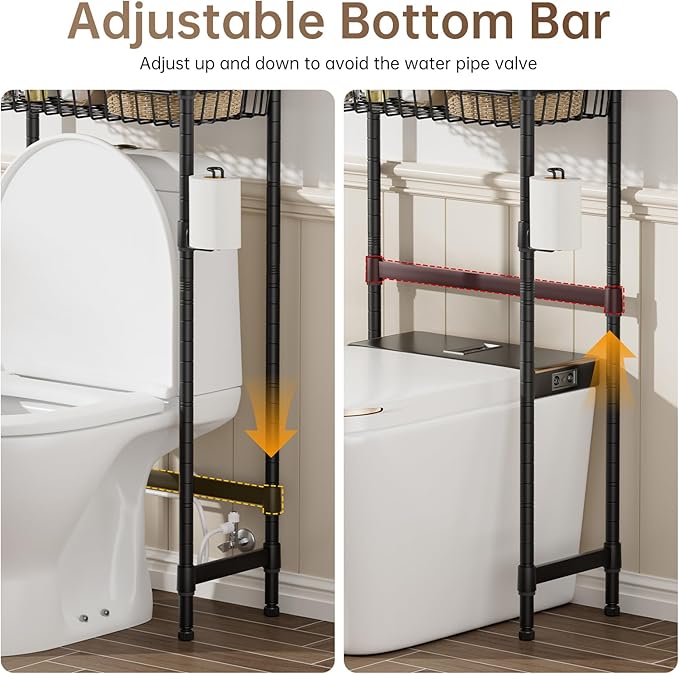 3-Tier Over-The-Toilet Storage Shelf,Heavy-Duty Adjustable Bathroom Rack with 2 Mesh Baskets,Toilet Paper Holder & Hooks,Space-Saving Organizer for Bathroom,10”D x 24”W x 66”H,Black