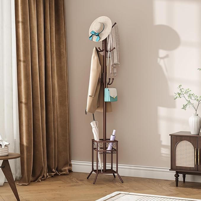 ELYKEN Coat Rack Freestanding, Metal Coat Rack Stand with Umbrella Holder, Modern Coat Tree with 12 Hooks, Floor Standing Corner Hall Tree for Entryway Living Room Bedroom Office, Brown-NeatNest