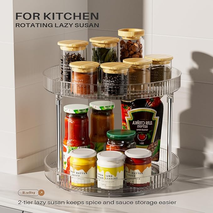 2 Tier Lazy Susan Organizer, 2 Pack Rotating Clear Lazy Susan for Table Top, Seasoning Organizer, Makeup and Perfume Organizer for Vanity, Counter Organizer Tray for Kitchen, Bathroom-NeatNest