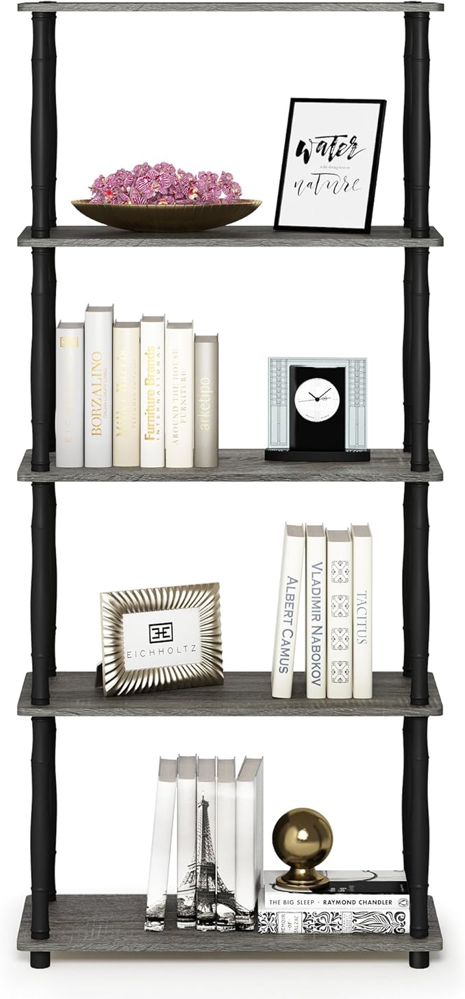 Furinno Turn-N-Tube 5-Tier Multipurpose Shelf Display Rack with Classic Tubes, French Oak Grey/Black-NeatNest