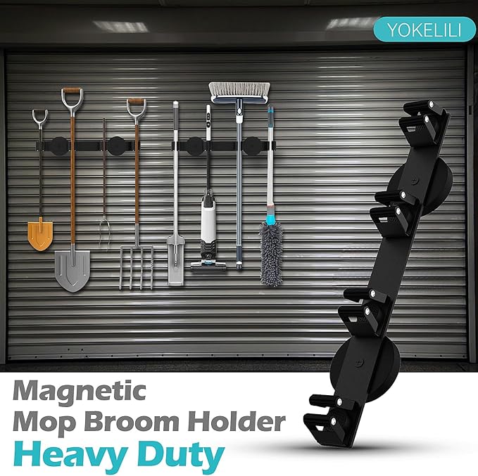 Magnetic Mop Broom Holder, Strong Non Slip Magnetic Broom Mop Hanger, Heavy Duty Magnetic Hooks For Hanging Shovel Rake Tools, Wall Mounted Utility Storage Magnet Rack (4 Rack)