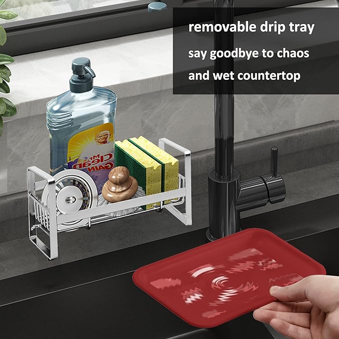 Kitchen Countertop Dish Soap Holder, Sponge Organizer, Basket for Cleaning and Scrub Tool, Kitchen Sink Brush Caddy Holder, Stainless Steel Rust Proof,Red+Silver