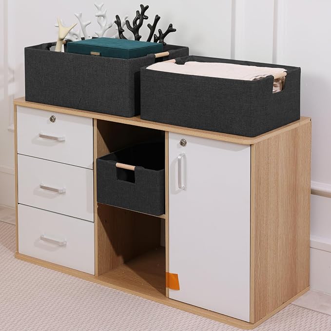 ANMINY 2PCS Storage Baskets for Organizing Collapsible Fabric Storage Bins Boxes with Wood Handles Closet Shelves Cube Organizer Bins Clothes Laundry Storage Container - Medium, Black-NeatNest