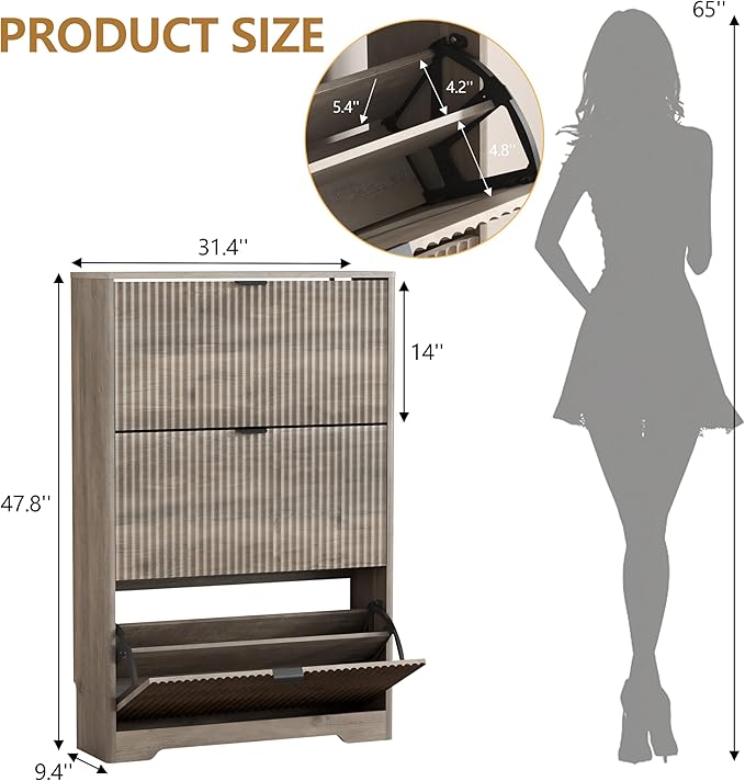 Shoe Cabinet Storage for Entryway with 3 Flip Drawers, Grey Fluted Shoe Cabinet with Adjustable Shelves, Wooden Hidden Shoe Rack Freestanding Narrow Slim Shoes Storage for Hallway, Entrance
