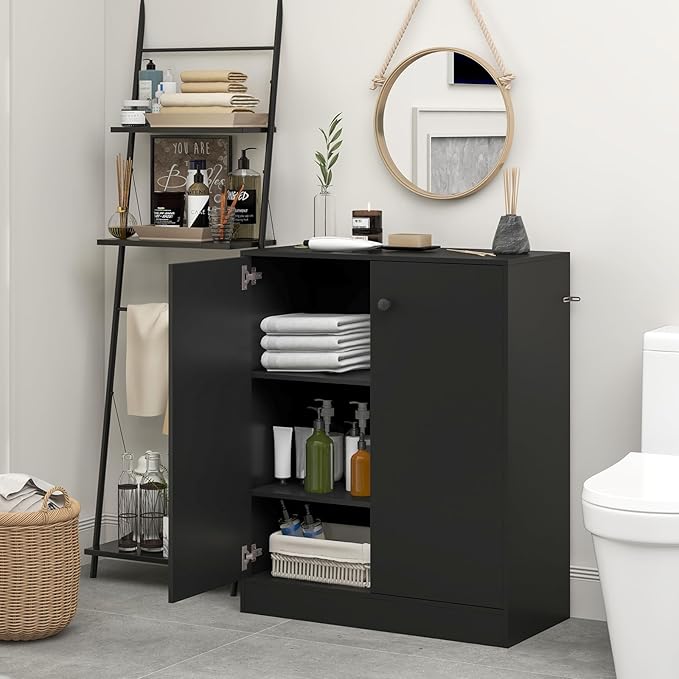 Giantex 2 Door Storage Base Cabinet - Freestanding Floor Cabinet with 3-Tier Shelf, Non-Slip Foot Pads, Kitchen Cupboard Storage Organizer for Living Room, Hallway, Entryway, Office (Black)