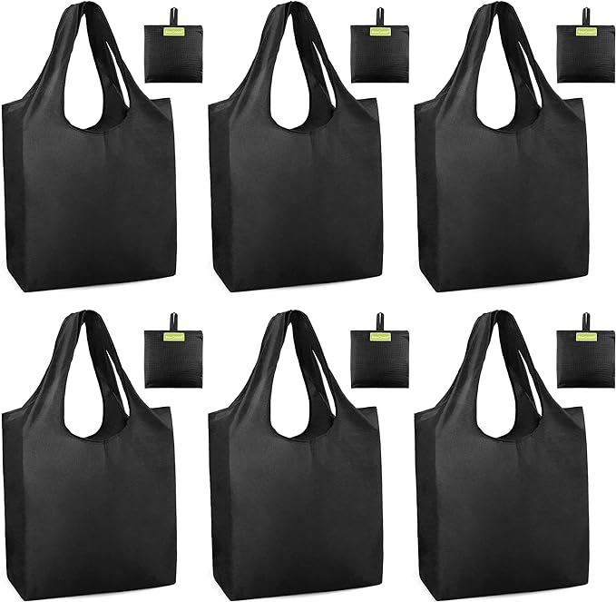 BeeGreen Black Tote Bag Shopping Bags for Groceries & Reusable Grocery Bag Heavy Duty, Large Tote Bag for Women, Foldable 6 Pack Gift Bags With Handles, Cute Cloth Washable for Holiday Travel & Bulk-NeatNest