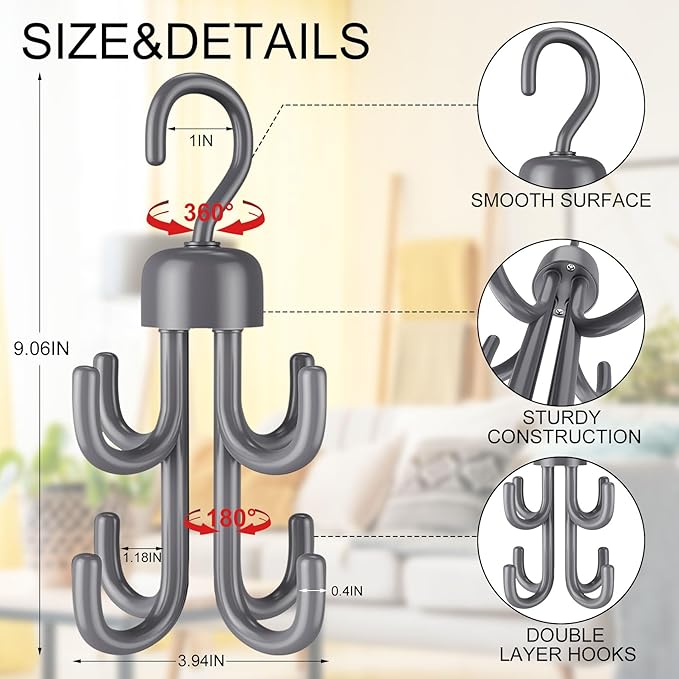 3Pcs Tank Top Hanger, Rotatable Bra Hangers for Closet Organizer, Max 72 Storage Capacity Belt Hanger, Plastic Space Saving Closet Organizers Apartment Dorm Essentials for Bra Tank Top Belt Tie, Grey-NeatNest