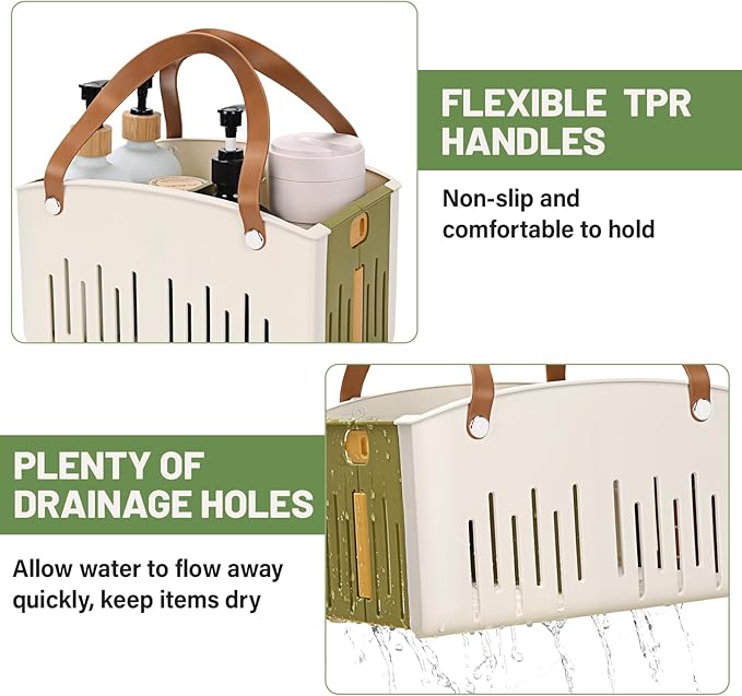 Portable Shower Caddy Collapsible Plastic Shower Basket Tote with Handles Removable Divider, Cleaning Caddy Storage Organizer for Bathroom College Dorm (Green)