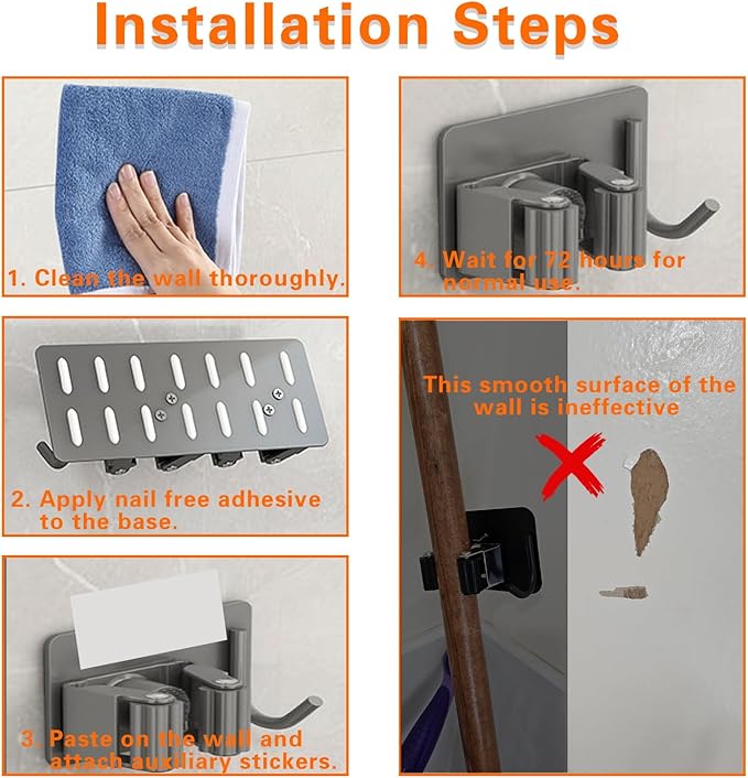 Mop Broom Holder-Self Adhesive Stainless Steel Broom Hanger Organizer for Bathroom, Kitchen, Office，Utility Room，Laundry Room,Home Garden, Garage Storage and Organization Rack(Silver gray-4Psc)-NeatNest