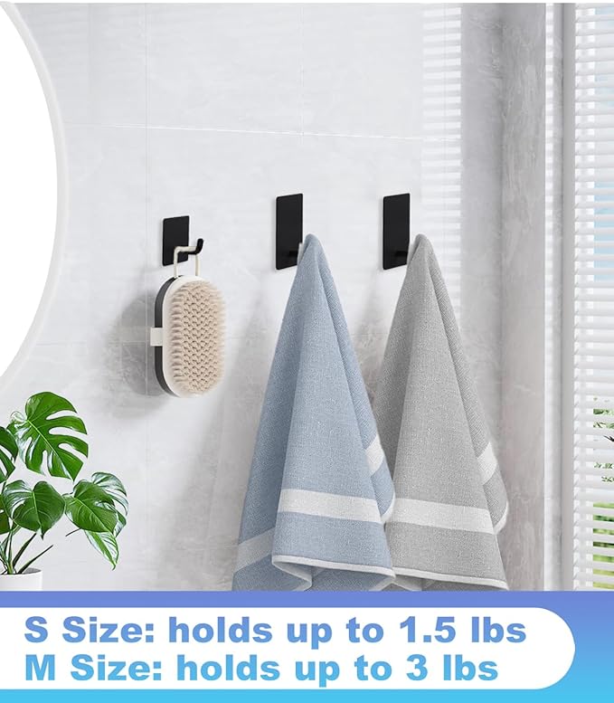 14 Pcs Towel Hooks with Removable Strips for Hanging, Adhesive Wall Heavy Duty, Outdoor No Damage, Sticky Hook for Bathrooms, Shower, Stockings, Decor, Robe, Small, Black 304 Stainless Steel