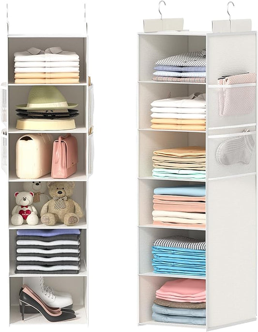 Extra Deep Hanging Closet Organizer with Shelves and Oversized Mesh Pockets, Heavy-Duty Structure, No Deformation, Max Storage for Clothes, Shoes, Hats, Dorms and RVs,1-Pack (White, 6 Tier)-NeatNest