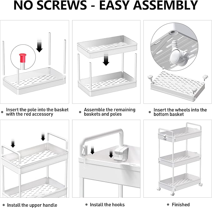 SOLEJAZZ 3 Tier Rolling Storage Cart with Wheels Slim Craft Nail Makeup Snack Art Baby Utility Cart Organizer on 2 Lockable Wheels for Bathroom Laundry Room Kitchen Bedside Narrow Spaces, White
