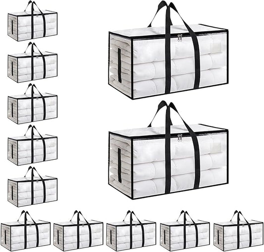 Extra Large Heavy Duty Moving Bags - Waterproof Storage Totes with Reinforced Handles & Zippers, Foldable for College Dorm Essentials, Clothes Storage & Travel (12-Pack Clear)