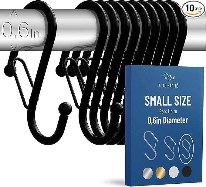 10-Pack Metal S Hooks for Hanging – Heavy-Duty S-Shaped Hook with Safety Buckle – Fits Bars up to 0.6 in – Anti-Drop Hooks for Kitchen, Pot Racks & Towel Bars – Black (Small)-NeatNest