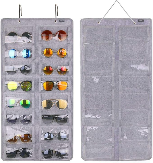 AROUY Sunglasses Organizer Storage, Hanging Dust Proof Wall Pocket Glasses Organizer - 16 Felt Slots Sunglass Organizer Holder with Metal Hook and Sturdy Rope (Gray, Dust Proof)-NeatNest