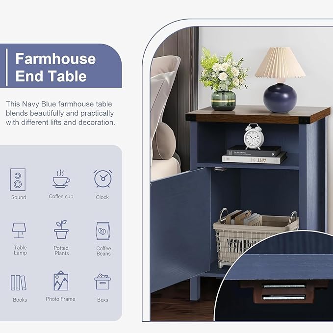 Catrimown Farmhouse Nightstand Set of 2 with Barn Door and Shelf, Side Table, Rustic End Table for Bedroom, Living Room, Navy Blue-NeatNest