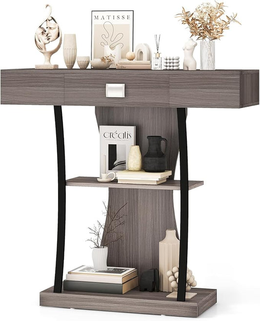 Giantex Narrow Console Table T-Shaped - Behind Couch Table with Drawer, Shelves, Dual Anti-Tipping Kits, Modern Foyer Table, Sofa Side Table for Living Room, Entryway, Hallway, Entry Table (Gray)-NeatNest
